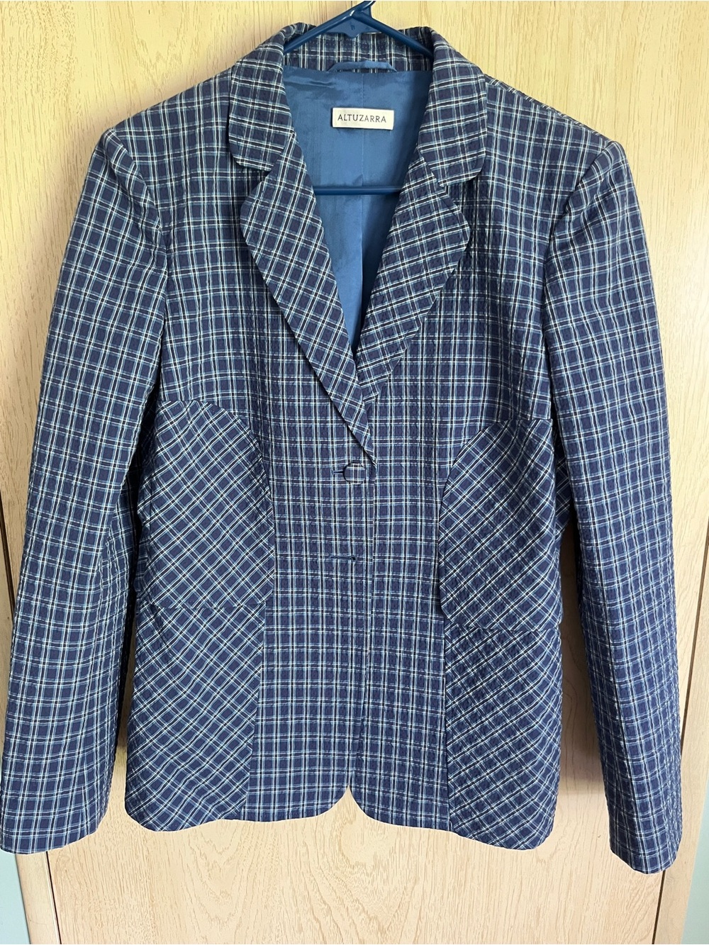 ALTUZARRA Fenice Navy Blue Gingham Seersucker Plaid Blazer Jacket Sz 44 READ